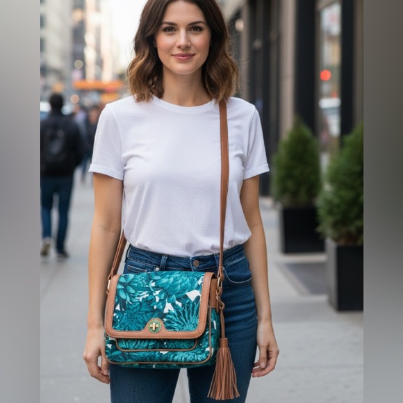 Isaac Mizrahi teal floral print crossbody, with Carmel trim - Picture 15 of 15